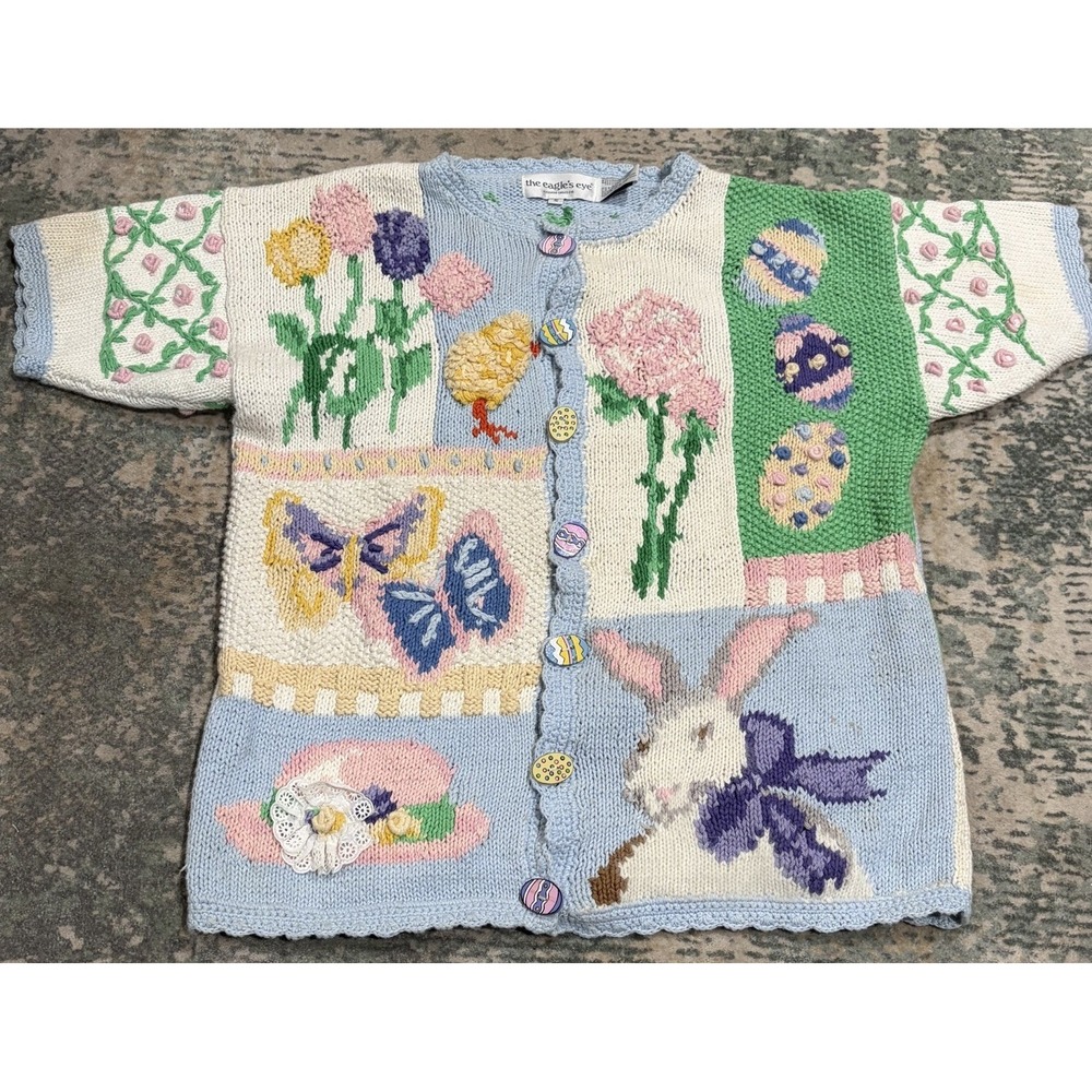 VTG 1994 The Eagles Eye Easter Cardigan Sweater Small Hand Knit Grannycore